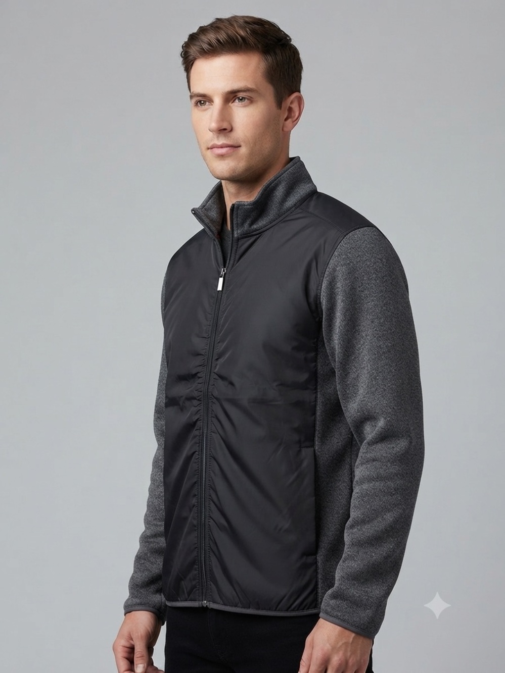 Men's Black and Charcoal Mixed-Media Zip Jacket